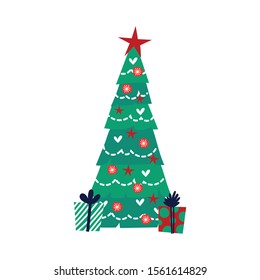 christmas pine tree with balls hanging vector illustration design