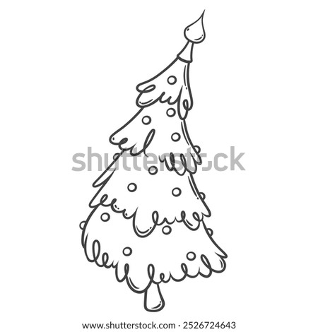 Christmas pine tree with baubles and curve shape line icon. Outline hand drawn fir tree with bend and glass balls. Winter season, celebration mascot, simple Xmas decor icon vector illustration