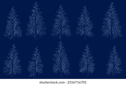 Christmas or Pine tree blue contour set collection vector illustration