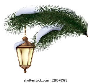 Christmas pine tree branch with silver flashlight and snow vector white background
