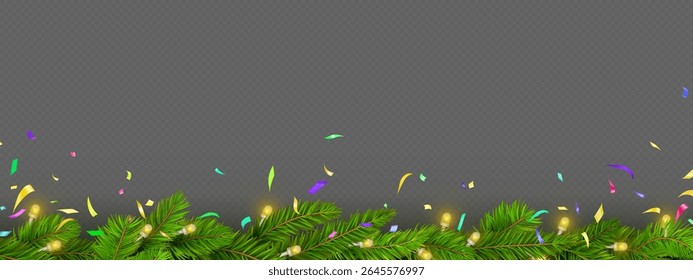 Christmas pine tree branches with golden garland lights decoration - festive holiday border design. Green fir foliage with glowing bulbs and colorful confetti falling. Winter celebration background.