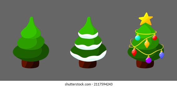 Christmas pine tree cartoon set, decoration design element clipart, vector illustration isolated collection, winter season card template with snow, garland, ball toy and star decor.