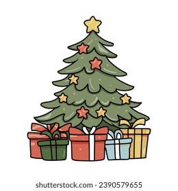 Christmas pine tree colorful ornaments icon. Winter event. Chrismas decorations. Happy new year. doodle elements.