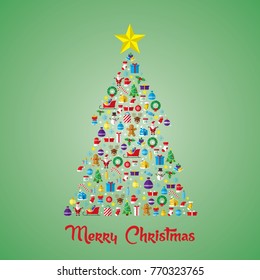 Christmas pine tree composed of new year icons and symbols. Decorated with star. Flat style art icons set isolated on green background.