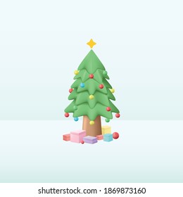 Christmas pine tree decor with some present gift 3D vector illustration