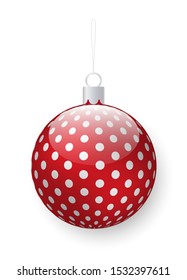 Christmas pine tree decoration, isolated bauble with polka dot ornament. Winter season preparation, symbol of New Year. Decor for Xmas party, celebration of holidays. Toy with thread to hang on fir