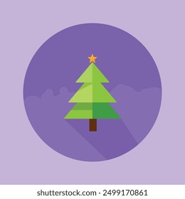 Christmas Pine Tree in a flat design style on a ring frame with a long shadow effect.