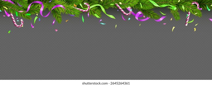 Christmas pine tree garland border with colorful ribbons, candy canes and confetti on transparent background. Festive holiday decoration with green branches and streamers for seasonal greeting card.