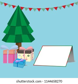 Christmas pine tree, Gift boxes and empty greeting card vector illustration