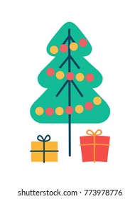 Christmas pine tree and gifts, evergreen plant decorated with balls and garlands of different colors, presents below isolated on vector illustration
