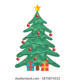 christmas pine tree with gifts icon vector illustration design