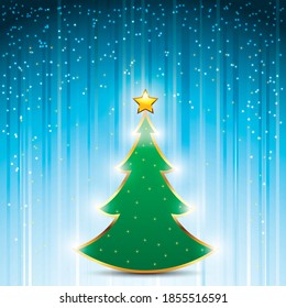 Christmas pine Tree with gold star on festive blue background. Illustration Vector.