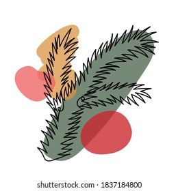 Christmas pine tree in a hand drawn linear style with colorful abstract stains. Isolated on white. Vector illustration.