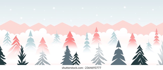 Ilustración del paisaje del pinar de Navidad. Banner de estilo de arte plano de Navidad vintage, paisaje de viajes en temporada de invierno. Tarjeta de saludo de vacaciones, plantilla de invitación festiva.