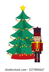 christmas pine tree with nutcraker vector illustration design