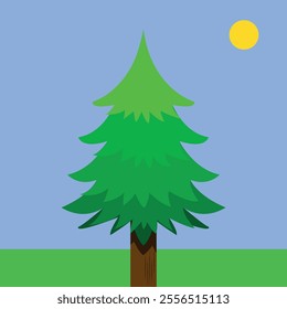 Christmas Pine Tree on a Grassy Landscape Under the Sun - Summer Illustration. Flat Design, Square Shape, Vector.