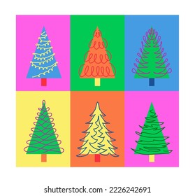 Christmas pine tree pop art pattern. One continuous line art colorful drawing.