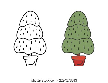 Pino de Navidad en olla, estilo garabato. Esbozo para colorear y color verde de abeto de árbol. Ilustración del vector