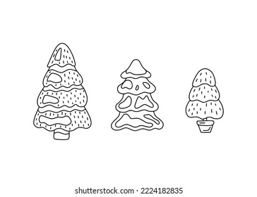 Conjunto de pinos de Navidad, estilo de garabato de contorno. Esbozo para colorear. Ilustración del vector