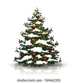 Christmas Pine Tree With Snow And Balls/
Illustration of a christmas pine tree isolated on white background, with balls decoration and winter snow on its branch