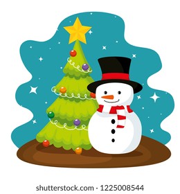 christmas pine tree and snowman with hat