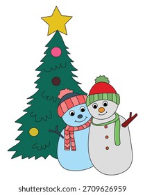 Navidades pino y muñeco de nieve con sombrero