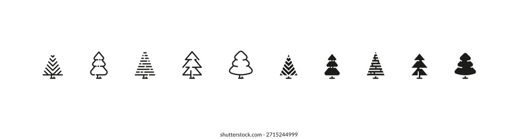 Esquema del Vector del árbol de pino de Navidades y conjunto de iconos rellenos. Festiva, invierno, y colección de decoración festiva
