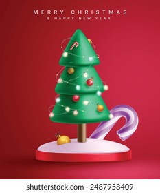 Christmas pine tree vector poster design. Merry christmas greeting text with green pine tree, xmas lights and candy cane in podium stage for holiday season poster. Vector illustration new year 