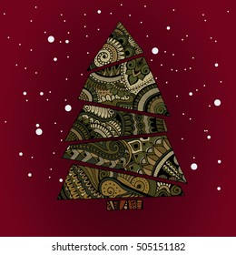 Christmas pine tree in zentangle doodle style. Vector image