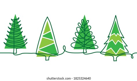 Christmas pine trees doodle border. One continuous line drawing. Simple vector green Christmas trees border.