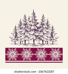 Christmas pine trees forest, snowflakes border greeting card