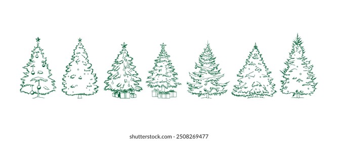 Dibujo de la línea del bosquejo de los árboles de pino de las Navidades aislado en el fondo blanco, Ilustración vectorial dibujada a mano del estilo del árbol de navidad de la vendimia