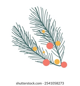 Christmas pine twig with balls in flat design. Evergreen fir branch with decor. Vector illustration isolated.