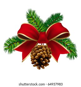 Christmas Pine Twigs with Red Ribbon and Pine Cone. Vector Illustration