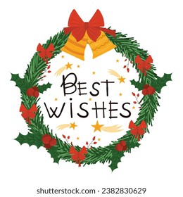 corona de pino de Navidad. Estilo plano. Escritura a mano con los mejores deseos, antecedentes aislados. Decoración elegante - cintas de regalo, campanas, estrellas fugaces. Color claro. Para postales, invitaciones.