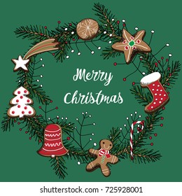 Christmas pine wreath with red and white berries and christmas cookies. Vector illustration on green background