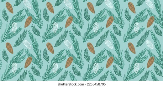 Christmas pinecone seamless pattern illustration. Pine tree leaf holiday decoration background in retro cartoon style. Vintage winter ornament print texture, floral wallpaper for xmas event.