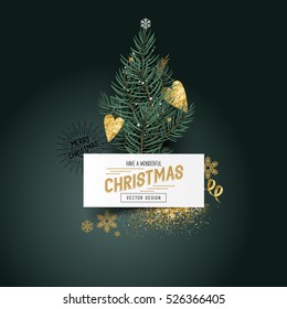 Christmas Pines and Decor. Xmas tree leaves with a label sign and seasonal decorations - vector illustration.