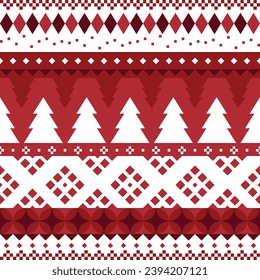 Christmas Pines diamond seamless pattern. Red and white pixel pattern with Nordic style for winter textile and wrapping paper, geometric Christmas elements seamless striped pattern background