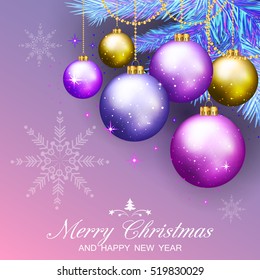 Christmas pink background with fir branches and balls. Vector illustration