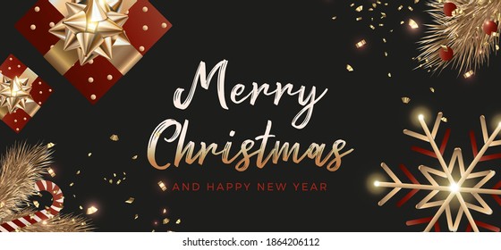 Christmas pink background with gift box, Merry Christmas card illustration vector typography red gold snow flakes new year banner 2021noel candy cane 