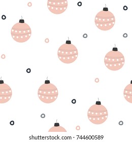 Christmas pink ball seamless pattern. Holiday background. Vector hand drawn illustration.