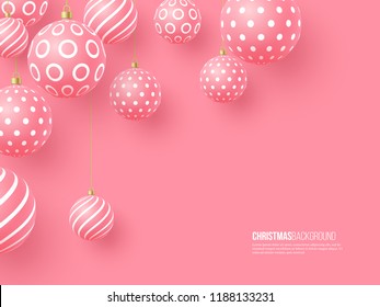 Christmas pink baubles with geometric pattern. 3d realistic style, abstract holiday background. Vector illustration.