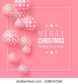 Christmas pink baubles with geometric pattern. 3d realistic style with white frame, abstract holiday background. Vector illustration.