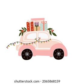 Christmas pink car vector, Christmas illustration vector, New year banner illustration, Abstract isolated Christmas car 