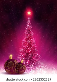 Christmas  pink card with shiny Christmas tree and balls, silhouettes of ribbons and white snowflakes.