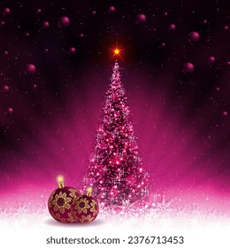 Christmas pink card with shiny Christmas tree and balls with golden snowflakes.