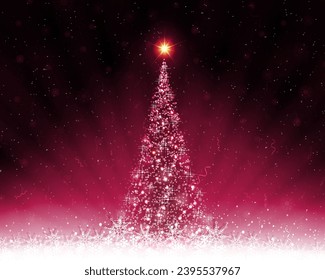 Christmas pink card with shiny Christmas tree, rays of light and gentle snowflakes