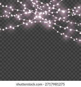 Christmas Pink Crossed Glowing String Lights Border on Transparent Background. Vector illustration