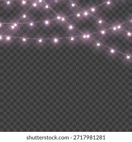 Navidades Pink Crossed Glowing String Lights Border sobre fondo transparente. Ilustración vectorial